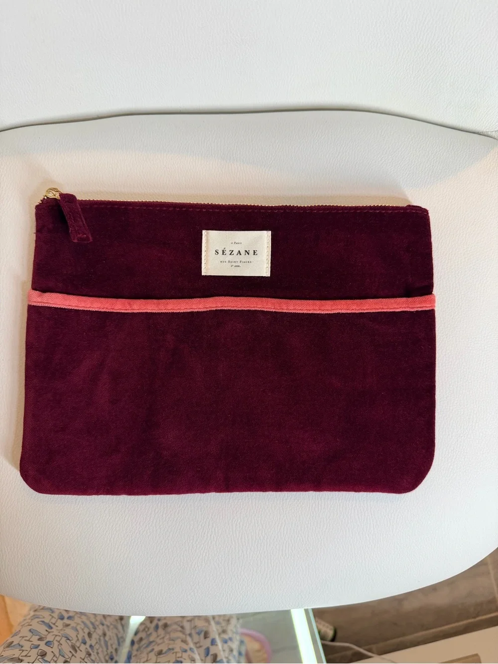NWT Sézane Burgundy Cotton Velvet Zip Flat Pouch Makeup Bag with Pink Trim